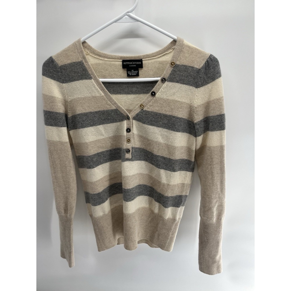 Women's Sutton Studio Brown Stripes 100% Cashmere Pullover Luxury Sweater XS‎